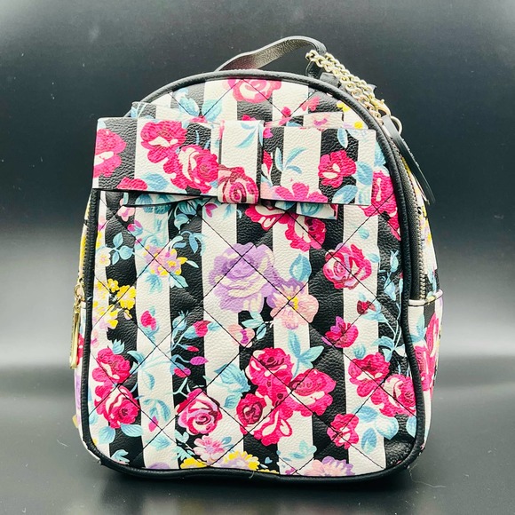 Betsey Johnson Handbags - Betsey Johnson Striped Floral Mini Backpack Black White Multicolor Faux Leather